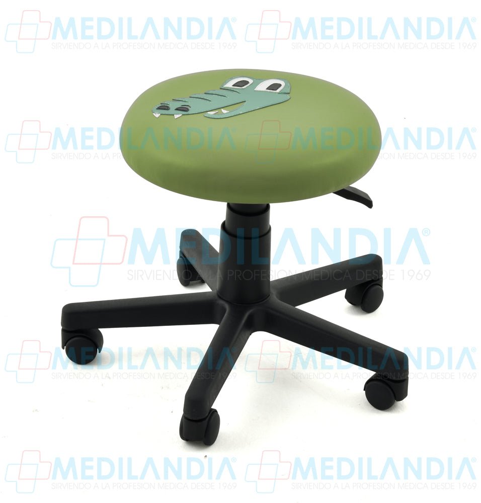 Banco giratorio tapizado con ruedas neumático y figura en forma de cocodrilo - Banco giratorio - CIIASA - MEDILANDIA | Tienda de productos y equipos médicos de calidad en México | Soluciones profesionales para clínicas, hospitales y consultorios.