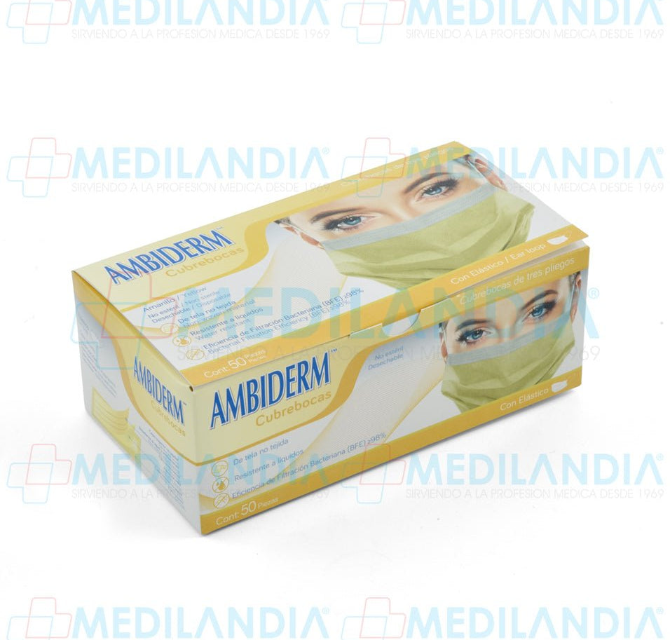 Cubrebocas de 3 pliegues Amarillo caja con 50 piezas - Cubrebocas - AMBIDERM - MEDILANDIA | Tienda de productos y equipos médicos de calidad en México | Soluciones profesionales para clínicas, hospitales y consultorios.