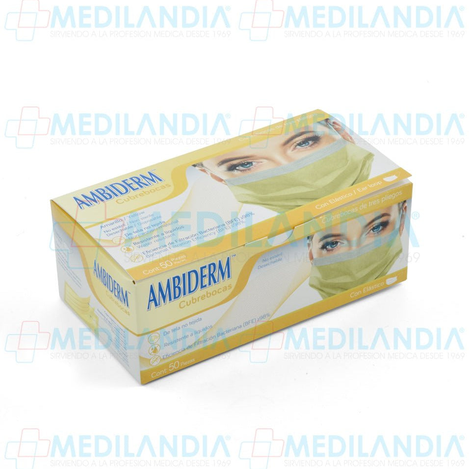 Cubrebocas de 3 pliegues Amarillo caja con 50 piezas - Cubrebocas - AMBIDERM - MEDILANDIA | Tienda de productos y equipos médicos de calidad en México | Soluciones profesionales para clínicas, hospitales y consultorios.