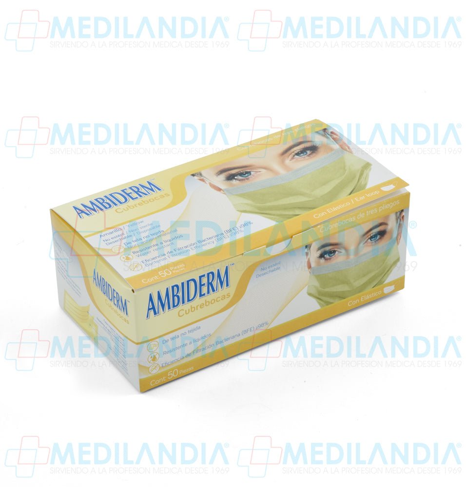 Cubrebocas de 3 pliegues Amarillo caja con 50 piezas - Cubrebocas - AMBIDERM - MEDILANDIA | Tienda de productos y equipos médicos de calidad en México | Soluciones profesionales para clínicas, hospitales y consultorios.