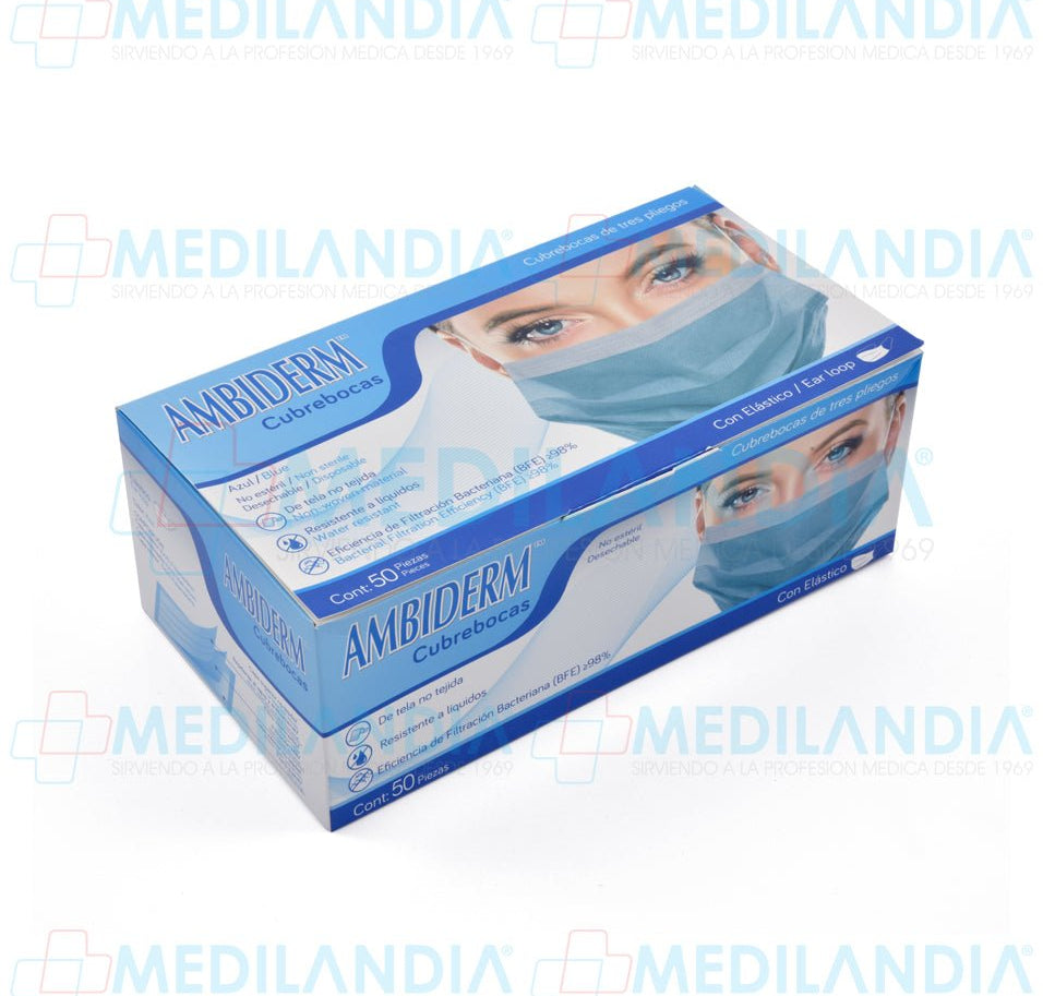 Cubrebocas de 3 pliegues Azul - Cubrebocas - AMBIDERM - MEDILANDIA | Tienda de productos y equipos médicos de calidad en México | Soluciones profesionales para clínicas, hospitales y consultorios.