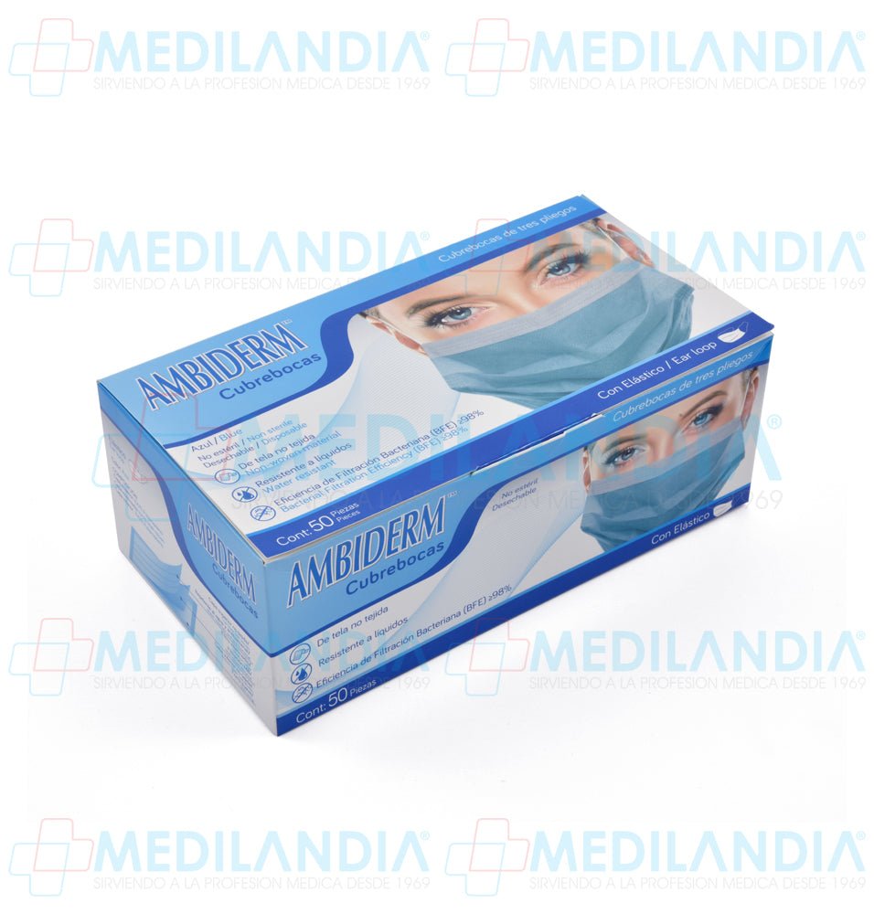 Cubrebocas de 3 pliegues Azul - Cubrebocas - AMBIDERM - MEDILANDIA | Tienda de productos y equipos médicos de calidad en México | Soluciones profesionales para clínicas, hospitales y consultorios.