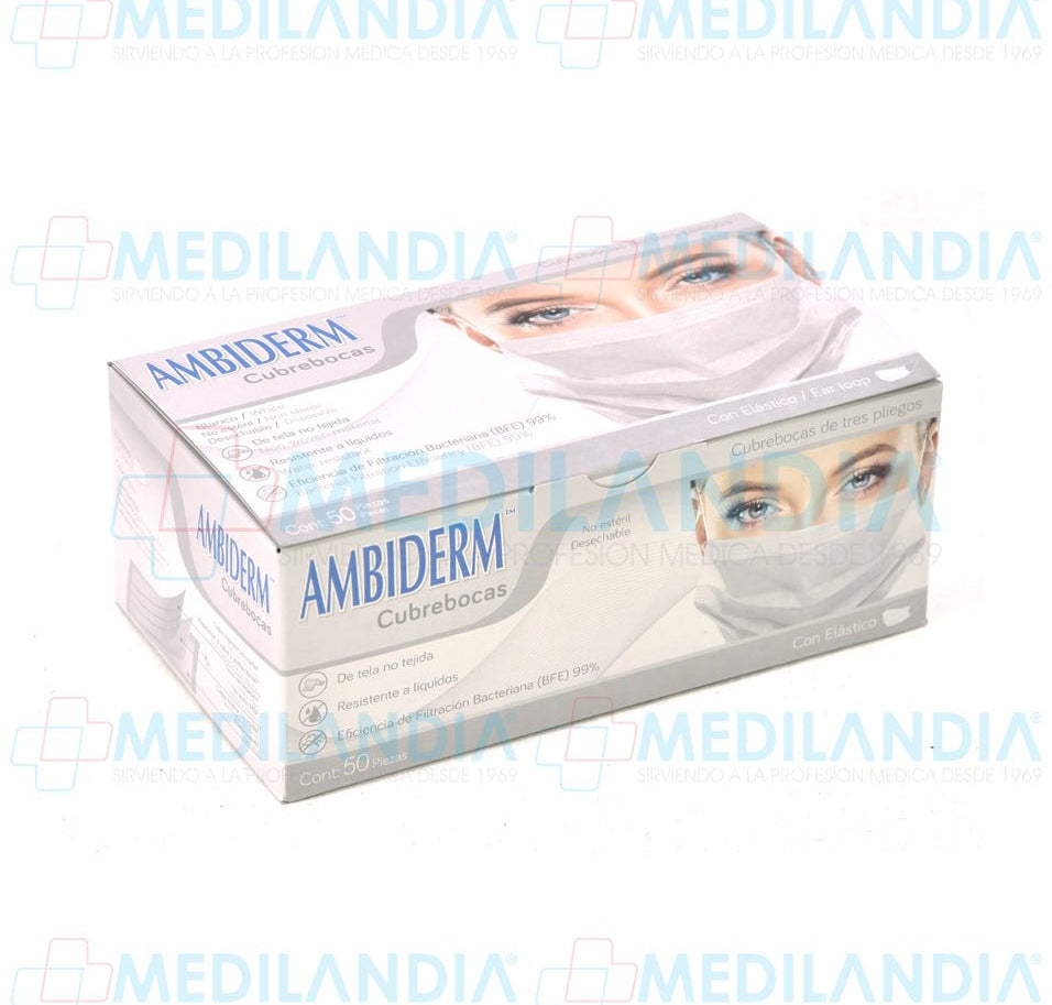 Cubrebocas de 3 pliegues Blanco - Cubrebocas - AMBIDERM - MEDILANDIA | Tienda de productos médicos