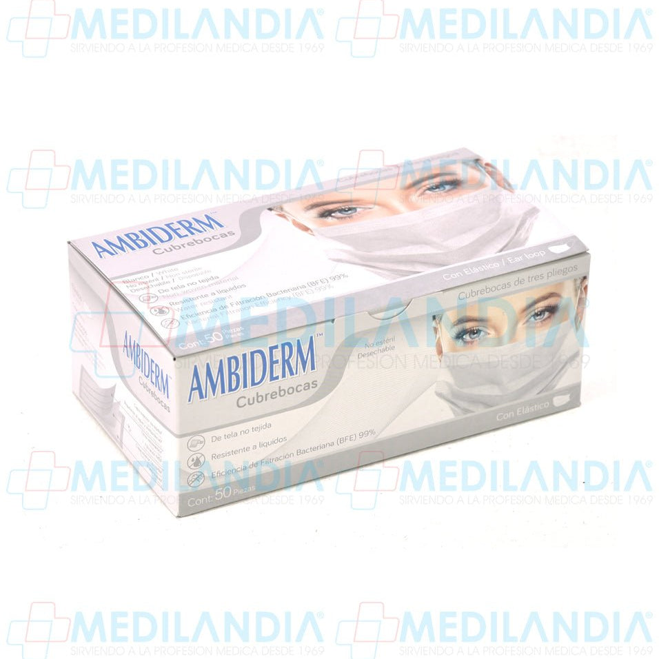 Cubrebocas de 3 pliegues Blanco - Cubrebocas - AMBIDERM - MEDILANDIA | Tienda de productos médicos