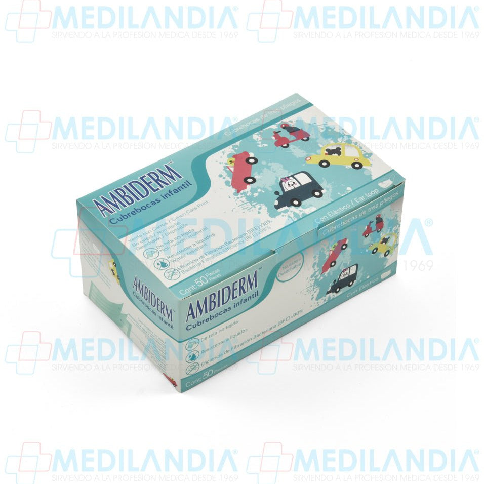 Cubrebocas de 3 pliegues Infantil con estampado de carritos - Cubrebocas - AMBIDERM - MEDILANDIA | Tienda de productos y equipos médicos de calidad en México | Soluciones profesionales para clínicas, hospitales y consultorios.