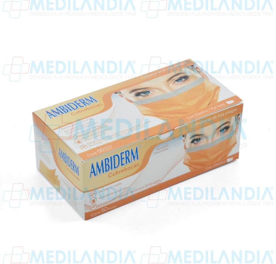 Cubrebocas de 3 pliegues Naranja caja con 50 piezas - Cubrebocas - AMBIDERM - MEDILANDIA | Tienda de productos y equipos médicos de calidad en México | Soluciones profesionales para clínicas, hospitales y consultorios.