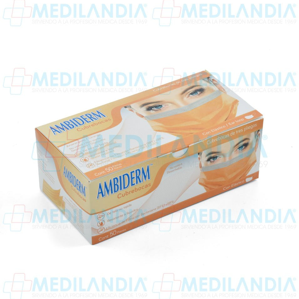 Cubrebocas de 3 pliegues Naranja caja con 50 piezas - Cubrebocas - AMBIDERM - MEDILANDIA | Tienda de productos y equipos médicos de calidad en México | Soluciones profesionales para clínicas, hospitales y consultorios.
