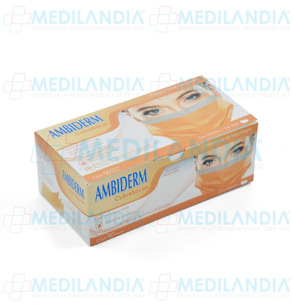 Cubrebocas de 3 pliegues Naranja caja con 50 piezas - Cubrebocas - AMBIDERM - MEDILANDIA | Tienda de productos y equipos médicos de calidad en México | Soluciones profesionales para clínicas, hospitales y consultorios.