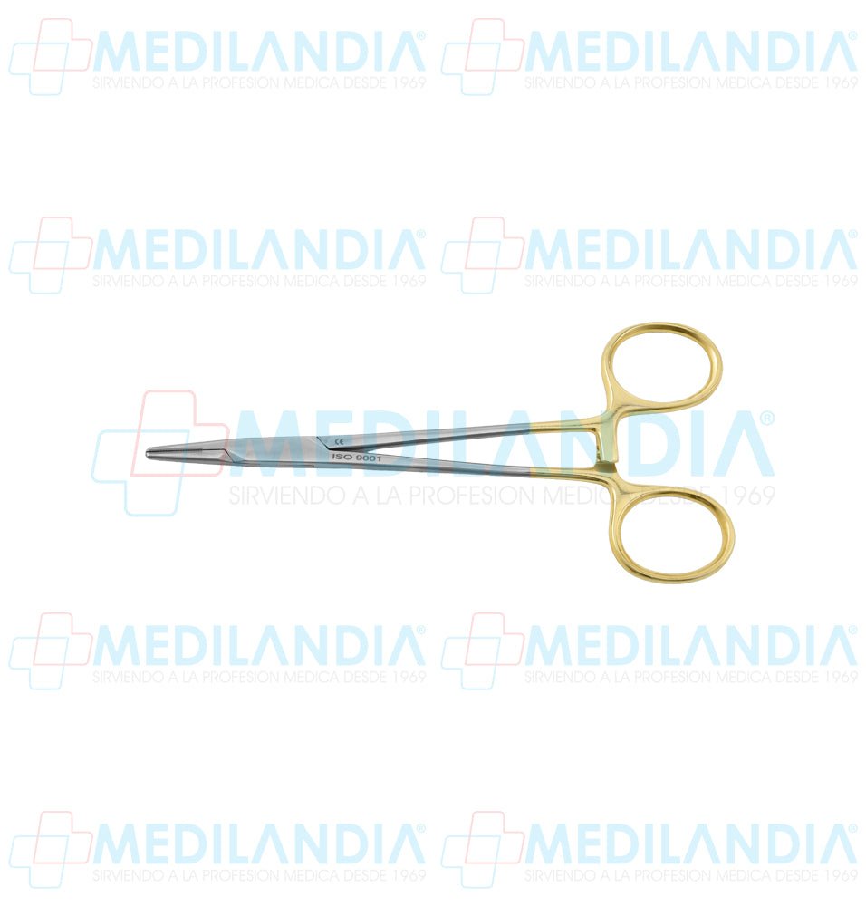 Porta agujas Mayo - Hegar recto sin ranura central con puntas con insertos de carburo de tungsteno mando dorado 15 cm - Pinzas - HP- MEDILANDIA | Tienda de productos y equipos médicos de calidad en México | Soluciones profesionales para clínicas, hospitales y consultorios.