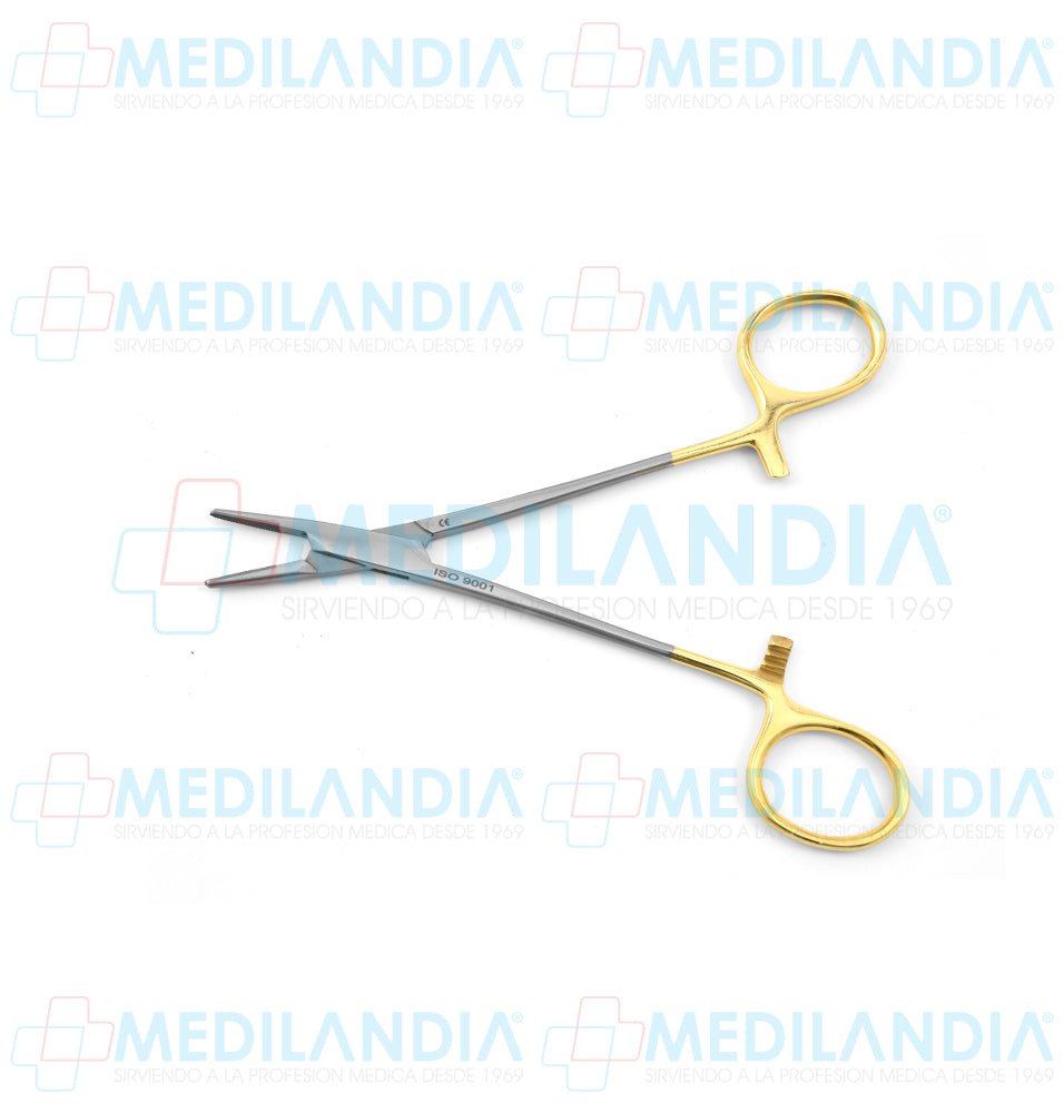 Porta agujas Mayo - Hegar recto sin ranura central con puntas con insertos de carburo de tungsteno mando dorado 15 cm - Pinzas - HP- MEDILANDIA | Tienda de productos y equipos médicos de calidad en México | Soluciones profesionales para clínicas, hospitales y consultorios.