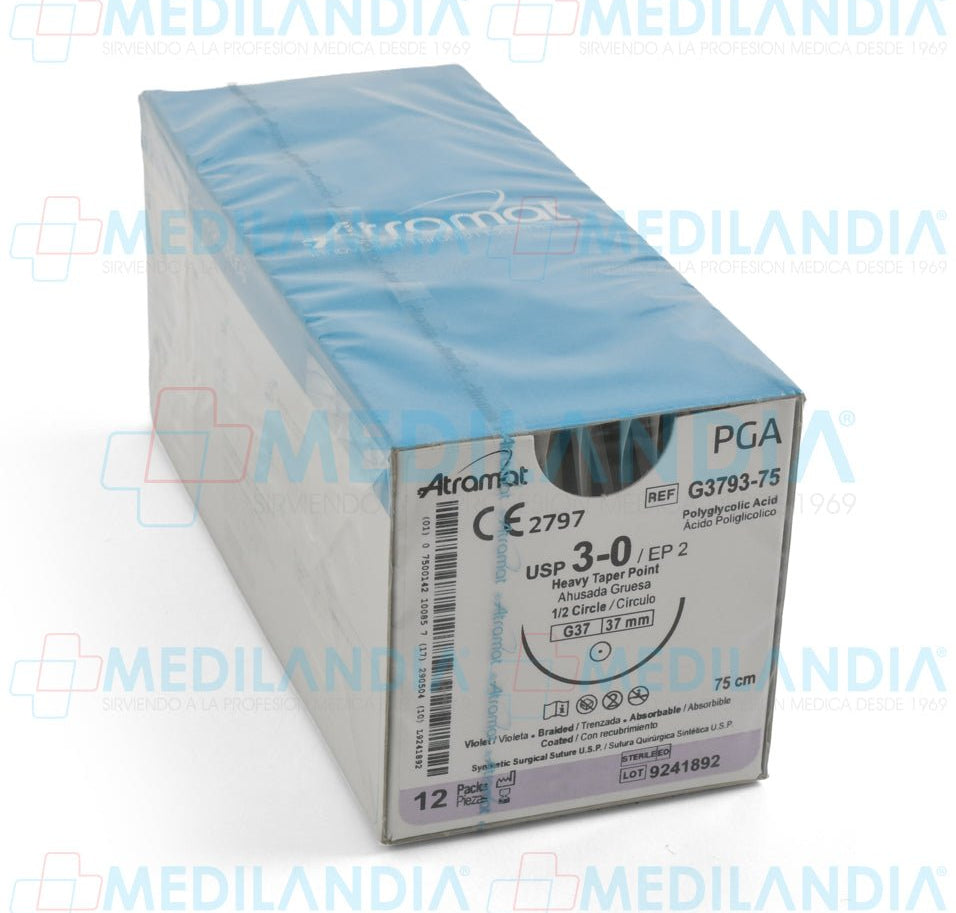 Sutura Ácido Poliglicolico (PGA, Dexon) violeta trenzado con recubrimiento 3 - 0 / EP 2 caja con 12 sobres - Sutura - ATRAMAT - MEDILANDIA | Tienda de productos y equipos médicos de calidad en México | Soluciones profesionales para clínicas, hospitales y consultorios.