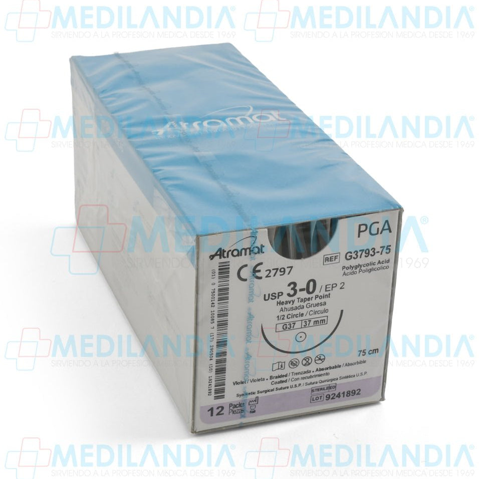 Sutura Ácido Poliglicolico (PGA, Dexon) violeta trenzado con recubrimiento 3 - 0 / EP 2 caja con 12 sobres - Sutura - ATRAMAT - MEDILANDIA | Tienda de productos y equipos médicos de calidad en México | Soluciones profesionales para clínicas, hospitales y consultorios.