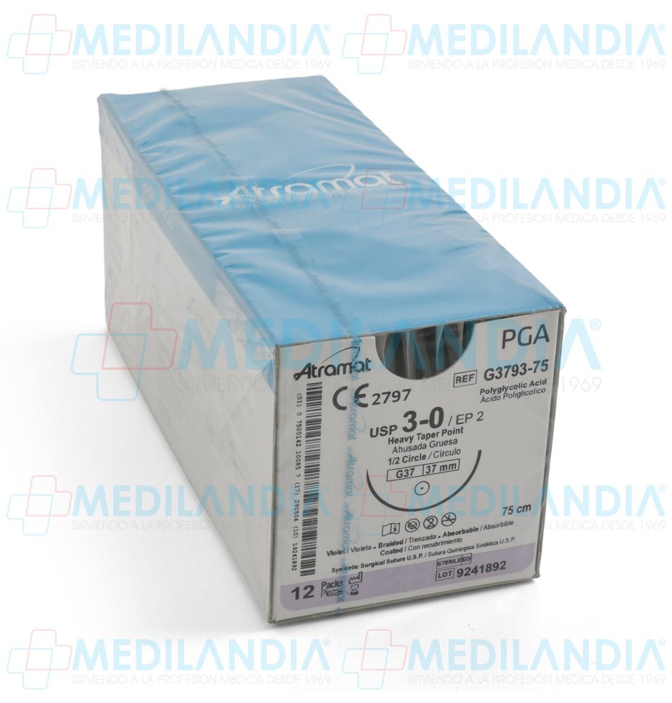Sutura Ácido Poliglicolico (PGA, Dexon) violeta trenzado con recubrimiento 3 - 0 / EP 2 caja con 12 sobres - Sutura - ATRAMAT - MEDILANDIA | Tienda de productos y equipos médicos de calidad en México | Soluciones profesionales para clínicas, hospitales y consultorios.
