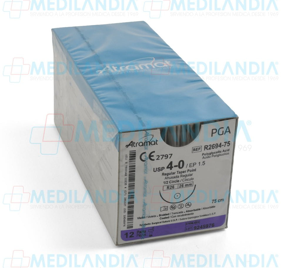 Sutura Ácido Poliglicolico (PGA, Dexon) violeta trenzado con recubrimiento 4 - 0 / EP 1.5 caja con 12 sobres - Sutura - ATRAMAT - MEDILANDIA | Tienda de productos y equipos médicos de calidad en México | Soluciones profesionales para clínicas, hospitales y consultorios.
