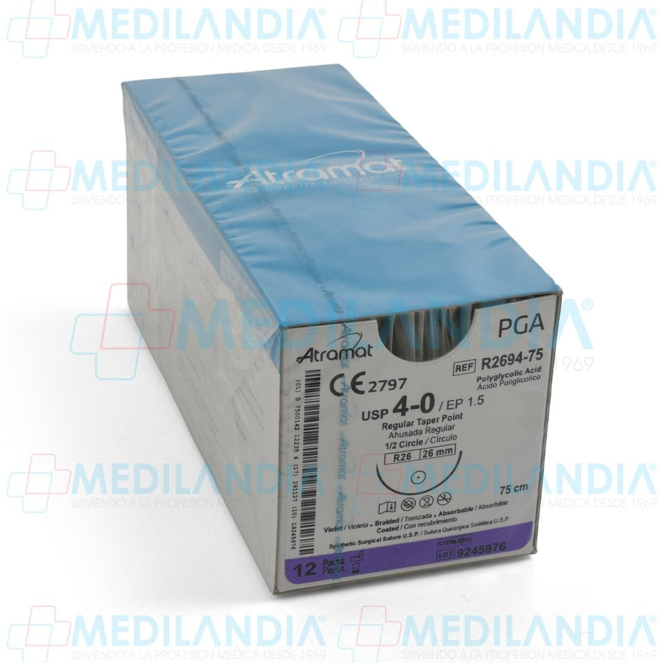 Sutura Ácido Poliglicolico (PGA, Dexon) violeta trenzado con recubrimiento 4 - 0 / EP 1.5 caja con 12 sobres - Sutura - ATRAMAT - MEDILANDIA | Tienda de productos y equipos médicos de calidad en México | Soluciones profesionales para clínicas, hospitales y consultorios.