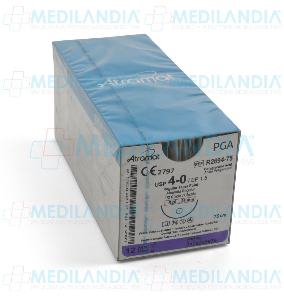 Sutura Ácido Poliglicolico (PGA, Dexon) violeta trenzado con recubrimiento 4 - 0 / EP 1.5 caja con 12 sobres - Sutura - ATRAMAT - MEDILANDIA | Tienda de productos y equipos médicos de calidad en México | Soluciones profesionales para clínicas, hospitales y consultorios.