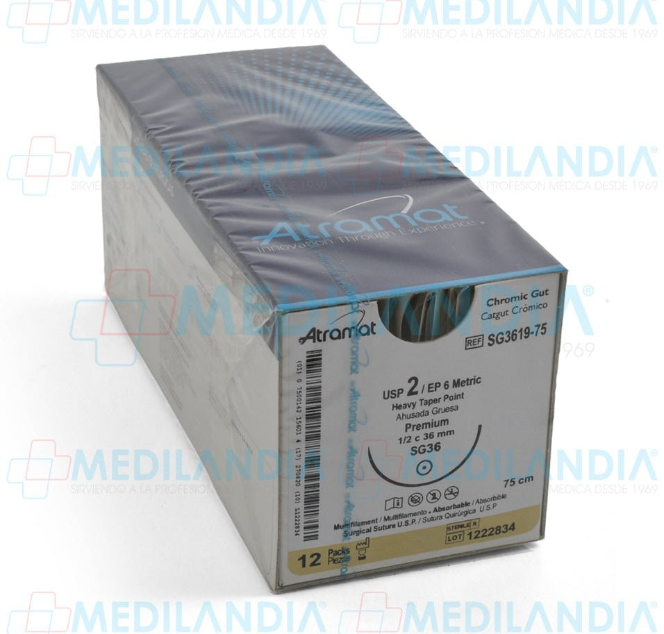 Sutura Catgut Cromico monofilamento 2 caja con 12 sobres - Sutura - ATRAMAT - MEDILANDIA | Tienda de productos y equipos médicos de calidad en México | Soluciones profesionales para clínicas, hospitales y consultorios.