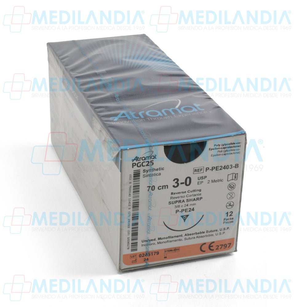 Sutura Poli (glicolida - co - epsilon - caprolactona) (PGC25, Monocryl) incoloro 3 - 0 / EP 2 métrico caja con 12 sobres - Sutura - ATRAMAT - MEDILANDIA | Tienda de productos y equipos médicos de calidad en México | Soluciones profesionales para clínicas, hospitales y consultorios.