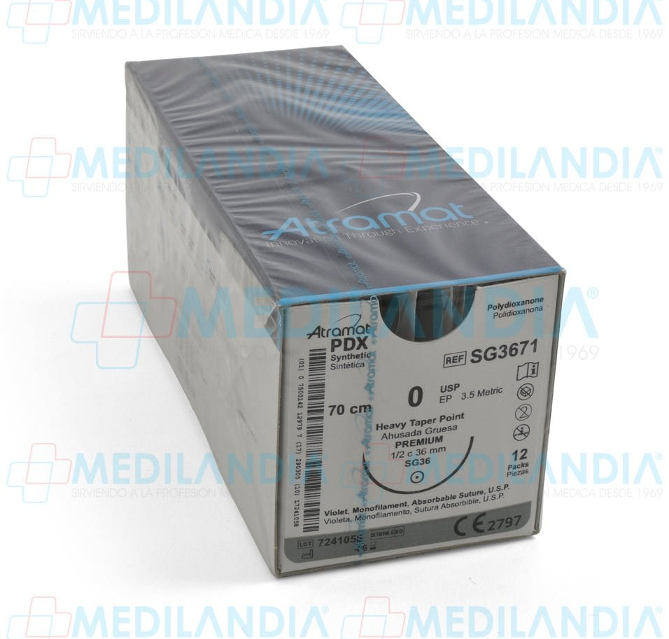 Sutura Polidioxanona (PDX, PDS, PDO) violeta monofilamento 0 / EP 3.5 métrico caja con 12 sobres - Sutura - ATRAMAT - MEDILANDIA | Tienda de productos y equipos médicos de calidad en México | Soluciones profesionales para clínicas, hospitales y consultorios.
