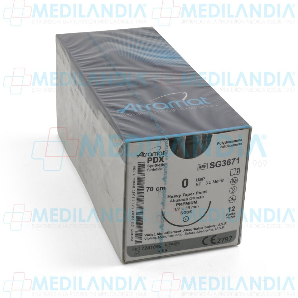 Sutura Polidioxanona (PDX, PDS, PDO) violeta monofilamento 0 / EP 3.5 métrico caja con 12 sobres - Sutura - ATRAMAT - MEDILANDIA | Tienda de productos y equipos médicos de calidad en México | Soluciones profesionales para clínicas, hospitales y consultorios.