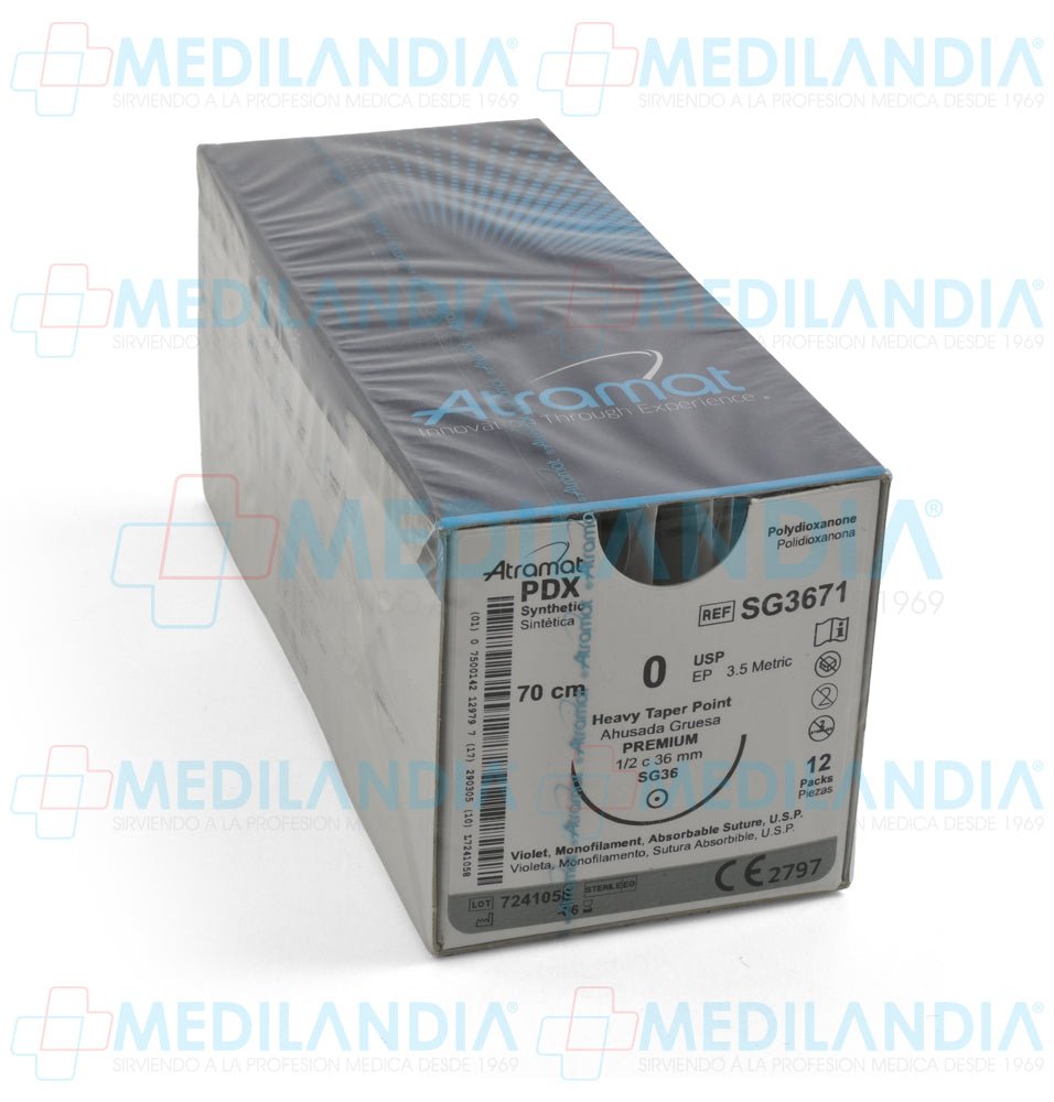 Sutura Polidioxanona (PDX, PDS, PDO) violeta monofilamento 0 / EP 3.5 métrico caja con 12 sobres - Sutura - ATRAMAT - MEDILANDIA | Tienda de productos y equipos médicos de calidad en México | Soluciones profesionales para clínicas, hospitales y consultorios.