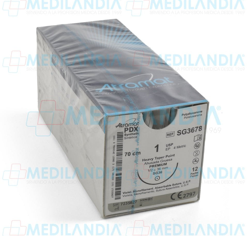 Sutura Polidioxanona (PDX, PDS, PDO) violeta monofilamento 1 / EP 4 métrico caja con 12 sobres - Sutura - ATRAMAT - MEDILANDIA | Tienda de productos y equipos médicos de calidad en México | Soluciones profesionales para clínicas, hospitales y consultorios.
