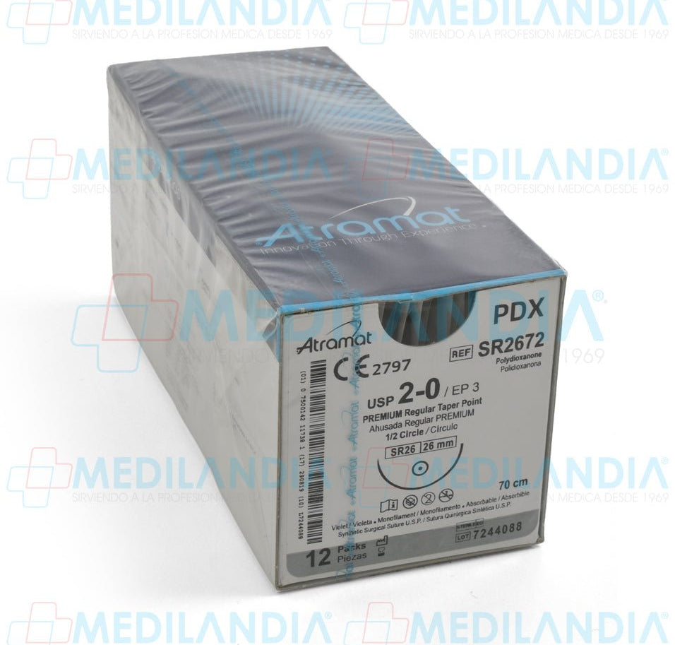 Sutura Polidioxanona (PDX, PDS, PDO) violeta monofilamento 2 - 0 / EP 3 caja con 12 sobres - Sutura - ATRAMAT - MEDILANDIA | Tienda de productos y equipos médicos de calidad en México | Soluciones profesionales para clínicas, hospitales y consultorios.