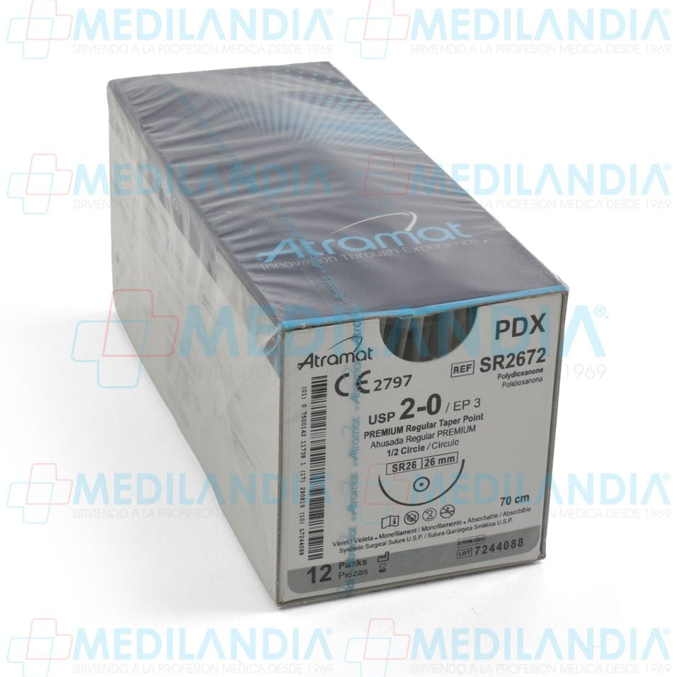 Sutura Polidioxanona (PDX, PDS, PDO) violeta monofilamento 2 - 0 / EP 3 caja con 12 sobres - Sutura - ATRAMAT - MEDILANDIA | Tienda de productos y equipos médicos de calidad en México | Soluciones profesionales para clínicas, hospitales y consultorios.