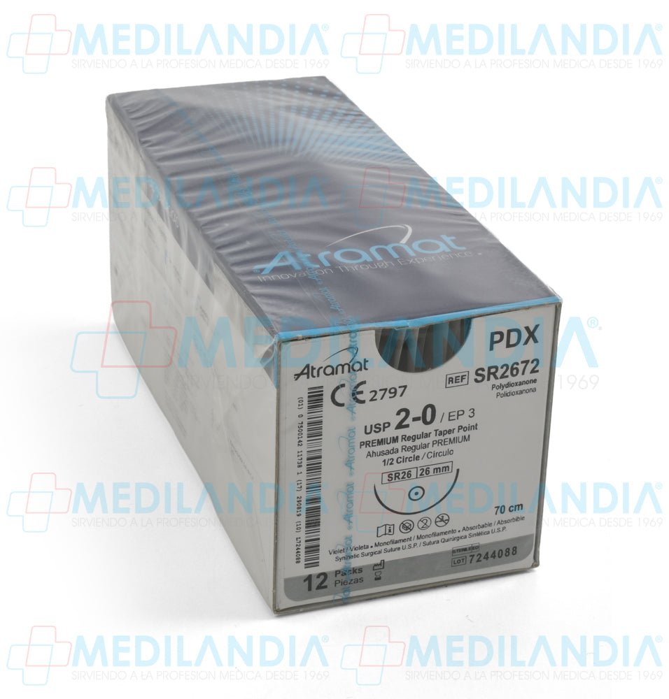 Sutura Polidioxanona (PDX, PDS, PDO) violeta monofilamento 2 - 0 / EP 3 caja con 12 sobres - Sutura - ATRAMAT - MEDILANDIA | Tienda de productos y equipos médicos de calidad en México | Soluciones profesionales para clínicas, hospitales y consultorios.