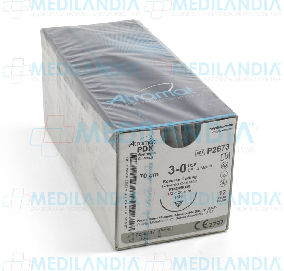Sutura Polidioxanona (PDX, PDS, PDO) violeta monofilamento 3 - 0 / EP 2 métrico caja con 12 sobres - Sutura - ATRAMAT - MEDILANDIA | Tienda de productos y equipos médicos de calidad en México | Soluciones profesionales para clínicas, hospitales y consultorios.