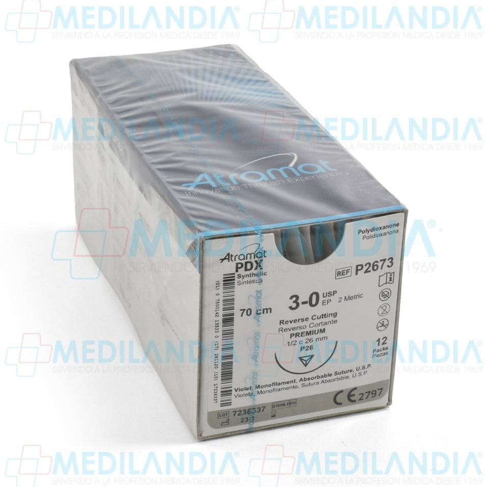 Sutura Polidioxanona (PDX, PDS, PDO) violeta monofilamento 3 - 0 / EP 2 métrico caja con 12 sobres - Sutura - ATRAMAT - MEDILANDIA | Tienda de productos y equipos médicos de calidad en México | Soluciones profesionales para clínicas, hospitales y consultorios.