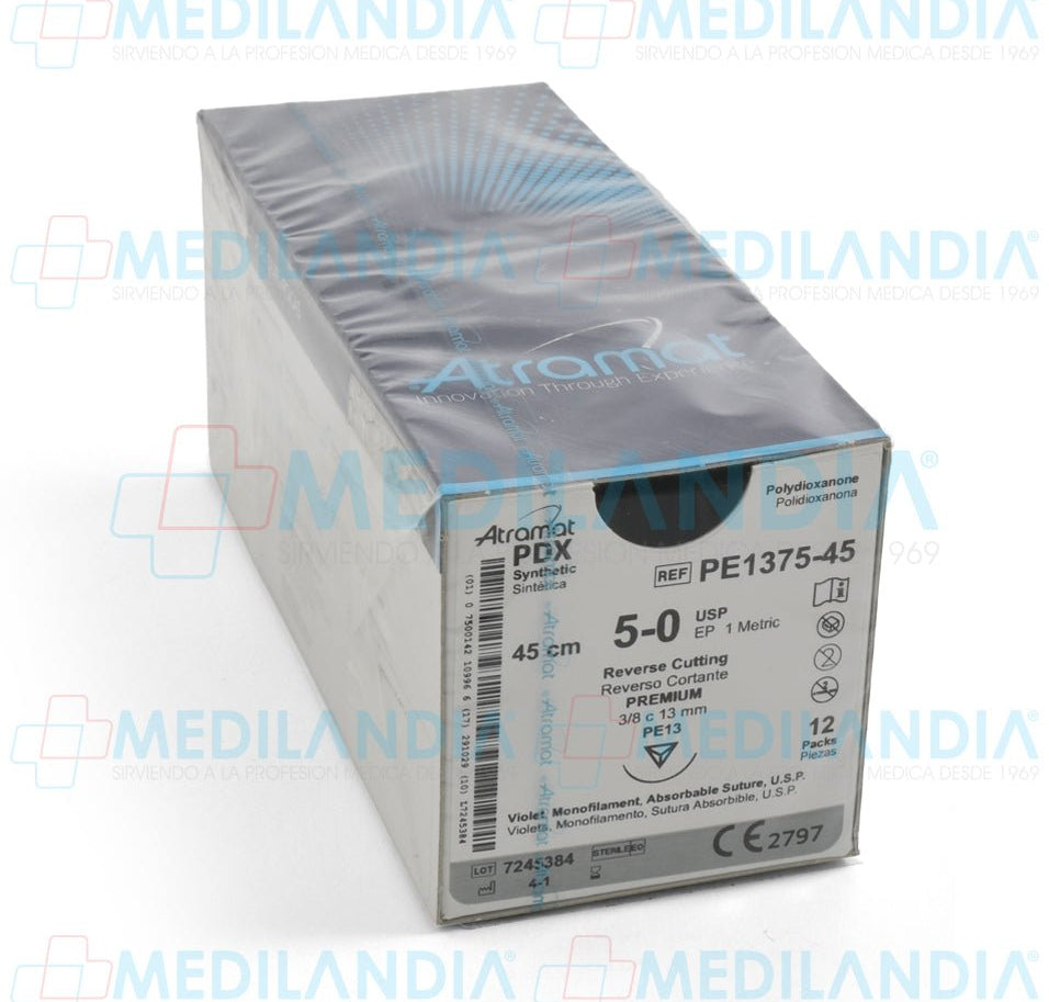 Sutura Polidioxanona (PDX, PDS, PDO) violeta monofilamento 5 - 0 / EP 1 métrico caja con 12 sobres - Sutura - ATRAMAT - MEDILANDIA | Tienda de productos y equipos médicos de calidad en México | Soluciones profesionales para clínicas, hospitales y consultorios.