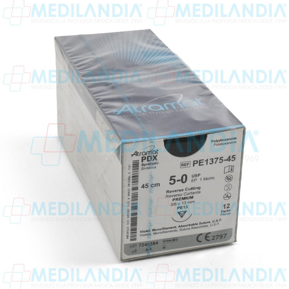 Sutura Polidioxanona (PDX, PDS, PDO) violeta monofilamento 5 - 0 / EP 1 métrico caja con 12 sobres - Sutura - ATRAMAT - MEDILANDIA | Tienda de productos y equipos médicos de calidad en México | Soluciones profesionales para clínicas, hospitales y consultorios.