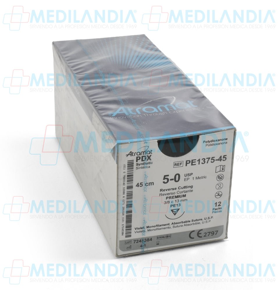 Sutura Polidioxanona (PDX, PDS, PDO) violeta monofilamento 5 - 0 / EP 1 métrico caja con 12 sobres - Sutura - ATRAMAT - MEDILANDIA | Tienda de productos y equipos médicos de calidad en México | Soluciones profesionales para clínicas, hospitales y consultorios.