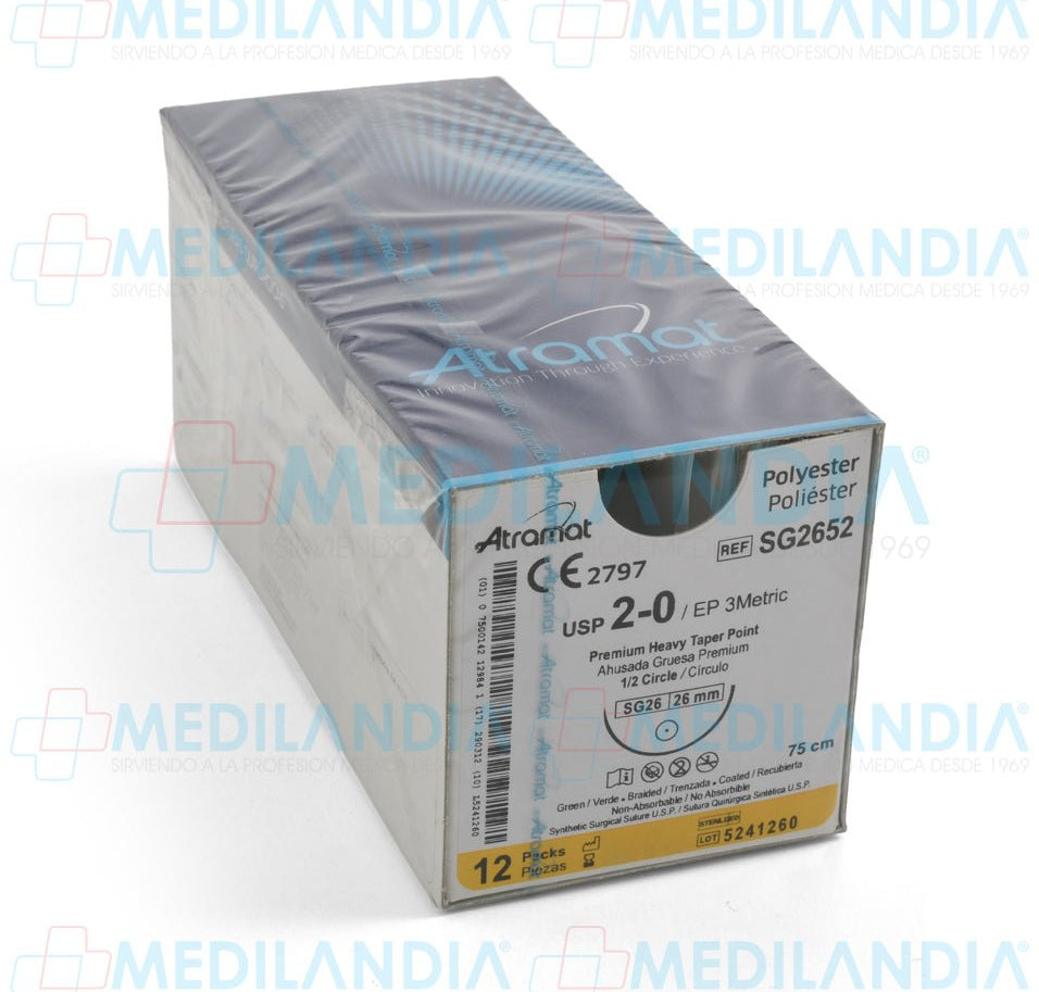 Sutura Poliéster (Ethibond Excel, Tevdek) verde trenzado recubierta de teflón 2 - 0 / EP 3 métrico caja con 12 sobres - Sutura - ATRAMAT - MEDILANDIA | Tienda de productos y equipos médicos de calidad en México | Soluciones profesionales para clínicas, hospitales y consultorios.