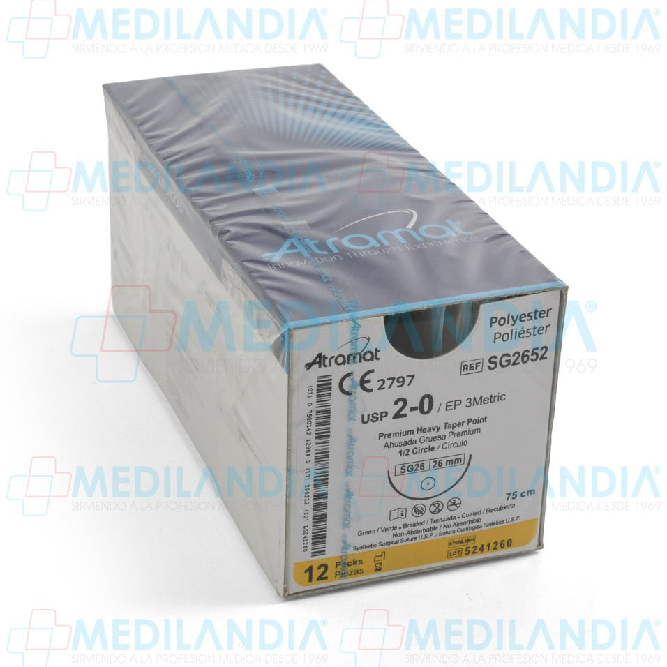 Sutura Poliéster (Ethibond Excel, Tevdek) verde trenzado recubierta de teflón 2 - 0 / EP 3 métrico caja con 12 sobres - Sutura - ATRAMAT - MEDILANDIA | Tienda de productos y equipos médicos de calidad en México | Soluciones profesionales para clínicas, hospitales y consultorios.