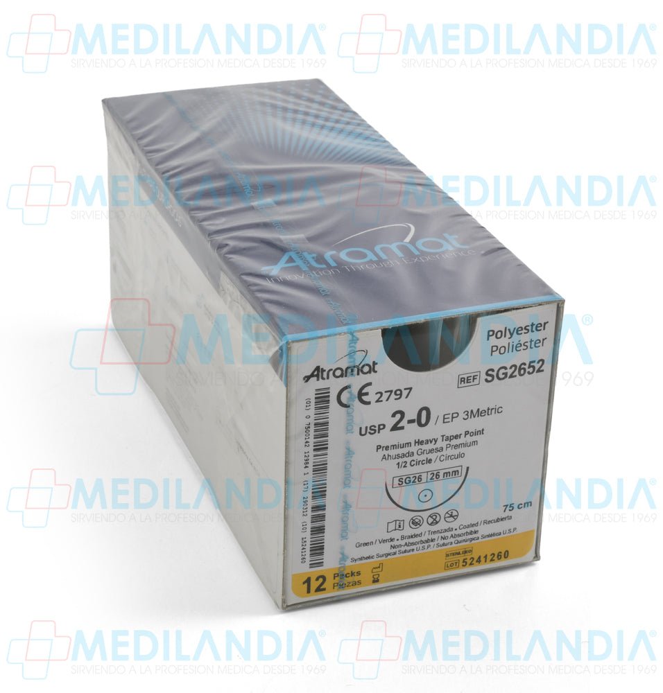 Sutura Poliéster (Ethibond Excel, Tevdek) verde trenzado recubierta de teflón 2 - 0 / EP 3 métrico caja con 12 sobres - Sutura - ATRAMAT - MEDILANDIA | Tienda de productos y equipos médicos de calidad en México | Soluciones profesionales para clínicas, hospitales y consultorios.