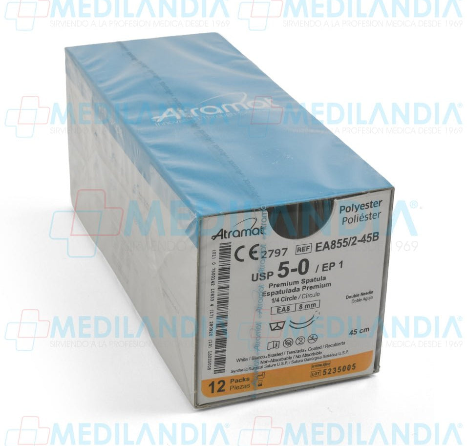 Sutura Poliéster (Ethibond Excel, Ti - Cron, PremiCron, Surgidac, Polisil, Procare) blanco trenzado recubierta de silicón 5 - 0 / EP 1 caja con 12 sobres - Sutura - ATRAMAT - MEDILANDIA | Tienda de productos y equipos médicos de calidad en México | Soluciones profesionales para clínicas, hospitales y consultorios.