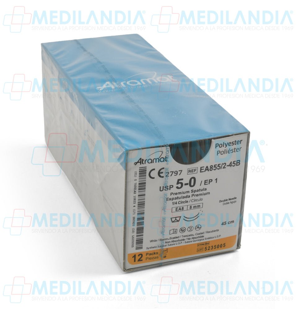 Sutura Poliéster (Ethibond Excel, Ti - Cron, PremiCron, Surgidac, Polisil, Procare) blanco trenzado recubierta de silicón 5 - 0 / EP 1 caja con 12 sobres - Sutura - ATRAMAT - MEDILANDIA | Tienda de productos y equipos médicos de calidad en México | Soluciones profesionales para clínicas, hospitales y consultorios.