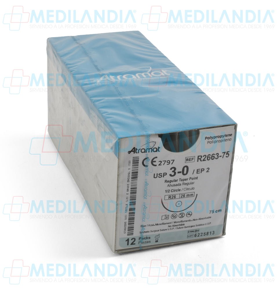 Sutura Polipropileno (Prolene) azul monofilamento 3 - 0 / EP 2 caja con 12 sobres - Sutura - ATRAMAT - MEDILANDIA | Tienda de productos y equipos médicos de calidad en México | Soluciones profesionales para clínicas, hospitales y consultorios.