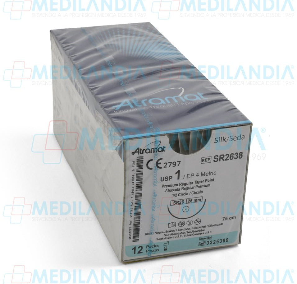 Sutura Seda negra trenzada siliconizada 1 caja con 12 sobres - Sutura - ATRAMAT - MEDILANDIA | Tienda de productos y equipos médicos de calidad en México | Soluciones profesionales para clínicas, hospitales y consultorios.