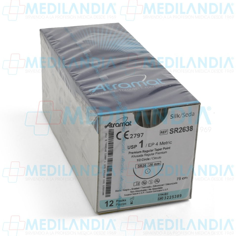 Sutura Seda negra trenzada siliconizada 1 caja con 12 sobres - Sutura - ATRAMAT - MEDILANDIA | Tienda de productos y equipos médicos de calidad en México | Soluciones profesionales para clínicas, hospitales y consultorios.