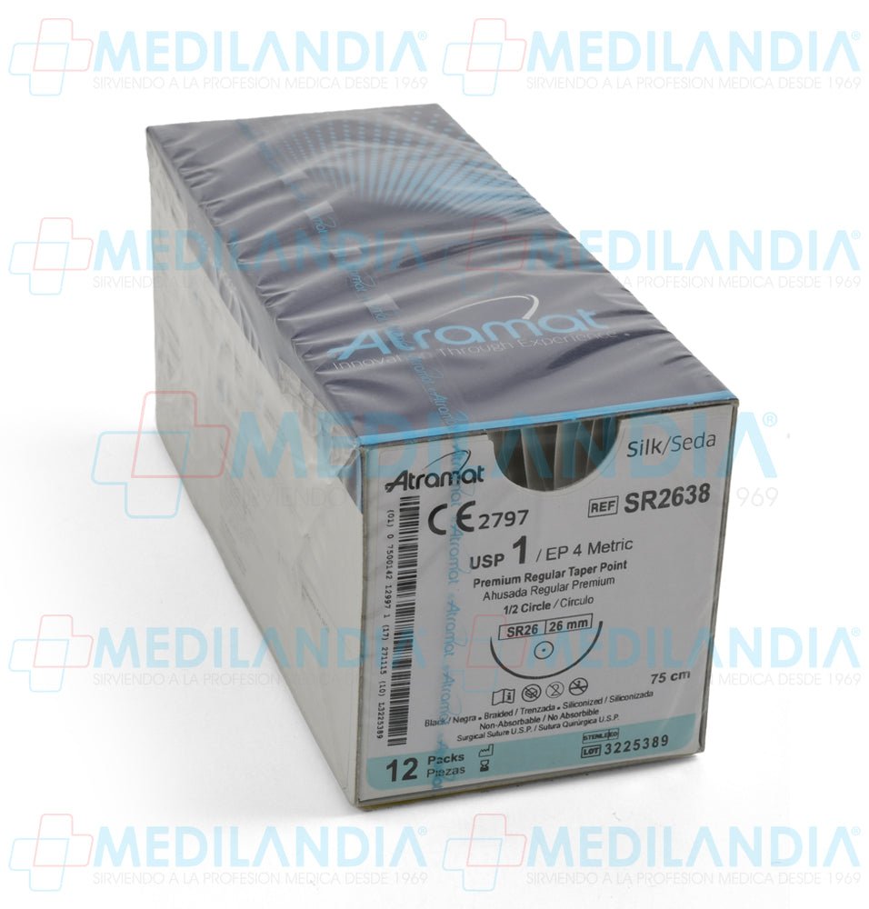 Sutura Seda negra trenzada siliconizada 1 caja con 12 sobres - Sutura - ATRAMAT - MEDILANDIA | Tienda de productos y equipos médicos de calidad en México | Soluciones profesionales para clínicas, hospitales y consultorios.