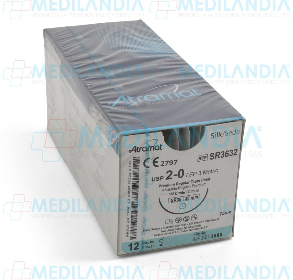 Sutura Seda negra trenzada siliconizada 2 - 0 / EP 3 métrico caja con 12 sobres - Sutura - ATRAMAT - MEDILANDIA | Tienda de productos y equipos médicos de calidad en México | Soluciones profesionales para clínicas, hospitales y consultorios.