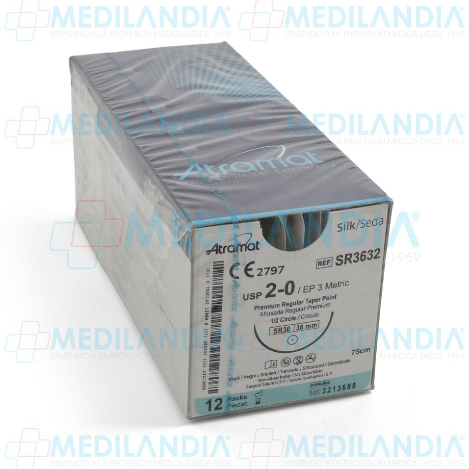 Sutura Seda negra trenzada siliconizada 2 - 0 / EP 3 métrico caja con 12 sobres - Sutura - ATRAMAT - MEDILANDIA | Tienda de productos y equipos médicos de calidad en México | Soluciones profesionales para clínicas, hospitales y consultorios.