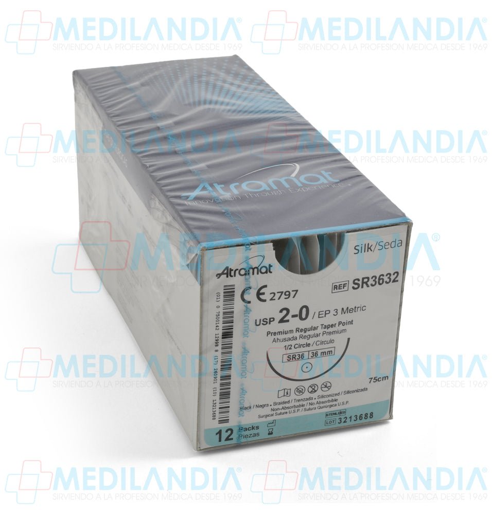 Sutura Seda negra trenzada siliconizada 2 - 0 / EP 3 métrico caja con 12 sobres - Sutura - ATRAMAT - MEDILANDIA | Tienda de productos y equipos médicos de calidad en México | Soluciones profesionales para clínicas, hospitales y consultorios.
