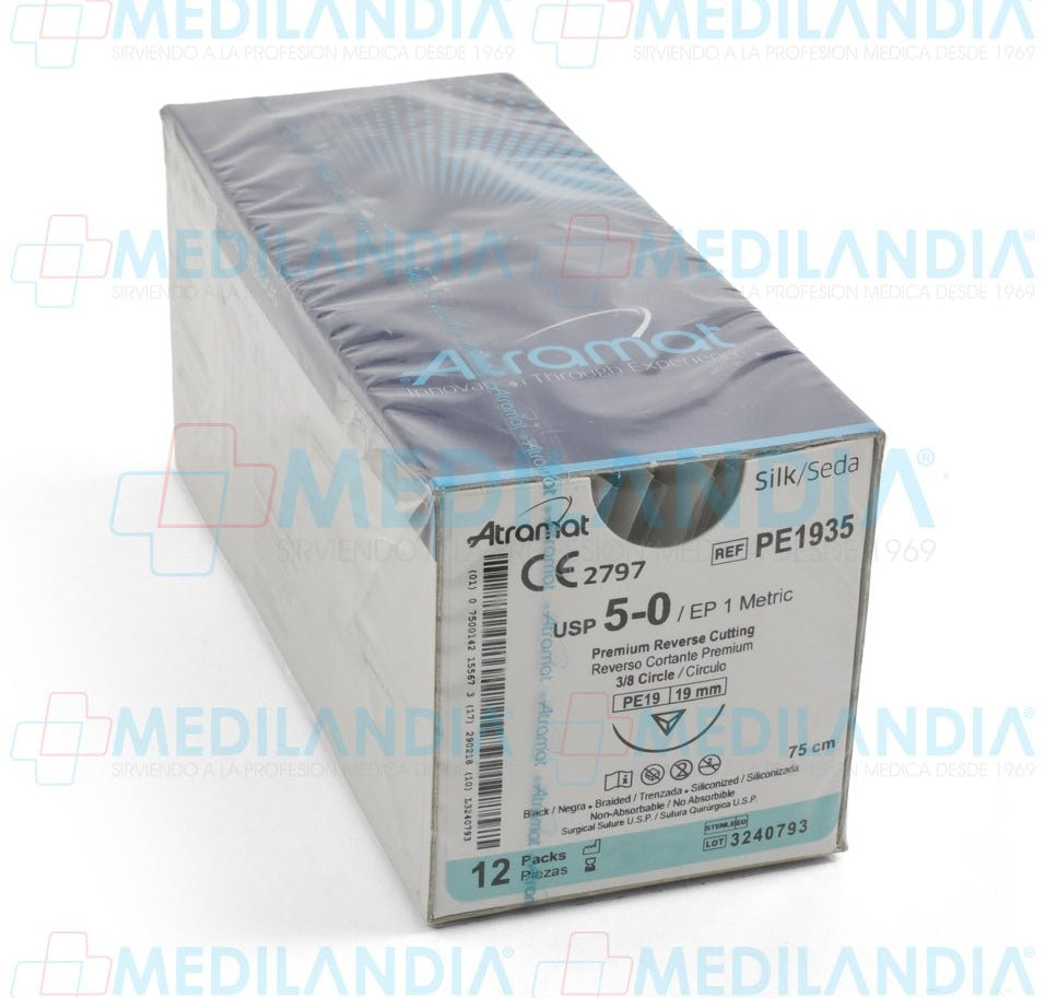Sutura Seda negra trenzada siliconizada 5 - 0 caja con 12 sobres - Sutura - ATRAMAT - MEDILANDIA | Tienda de productos y equipos médicos de calidad en México | Soluciones profesionales para clínicas, hospitales y consultorios.