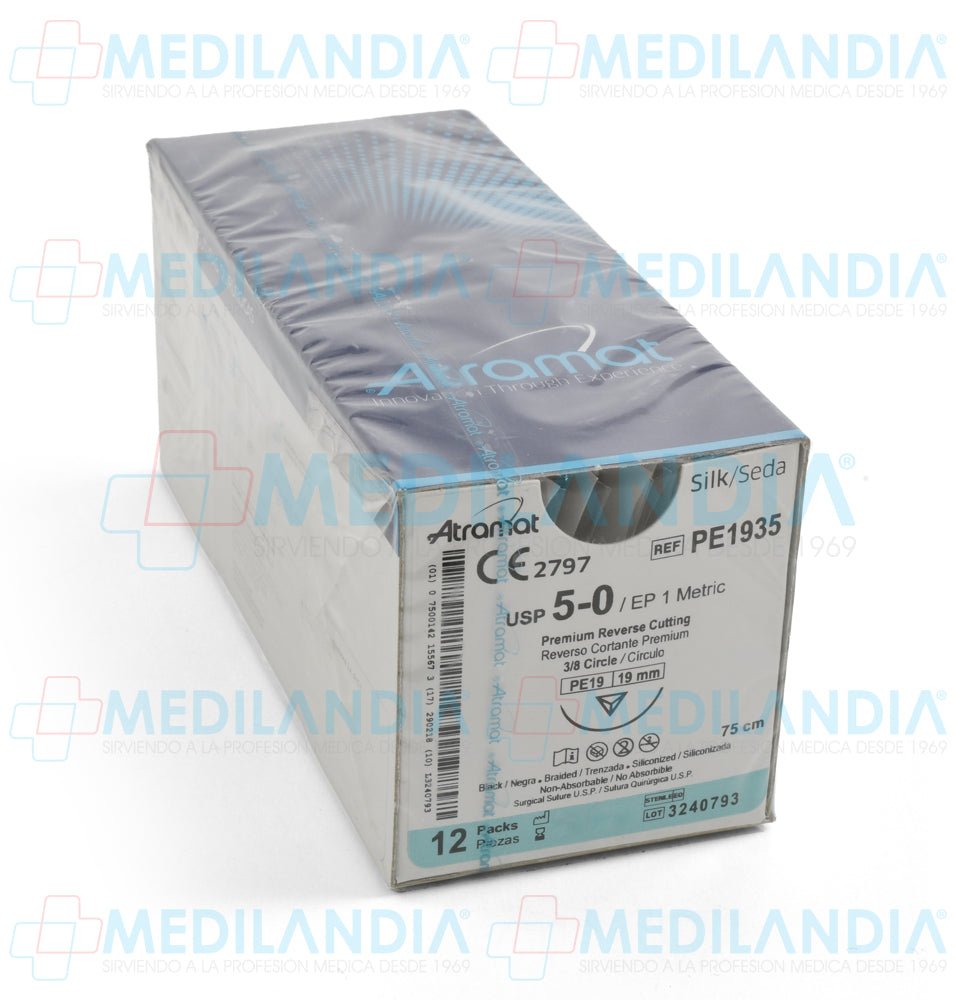 Sutura Seda negra trenzada siliconizada 5 - 0 caja con 12 sobres - Sutura - ATRAMAT - MEDILANDIA | Tienda de productos y equipos médicos de calidad en México | Soluciones profesionales para clínicas, hospitales y consultorios.