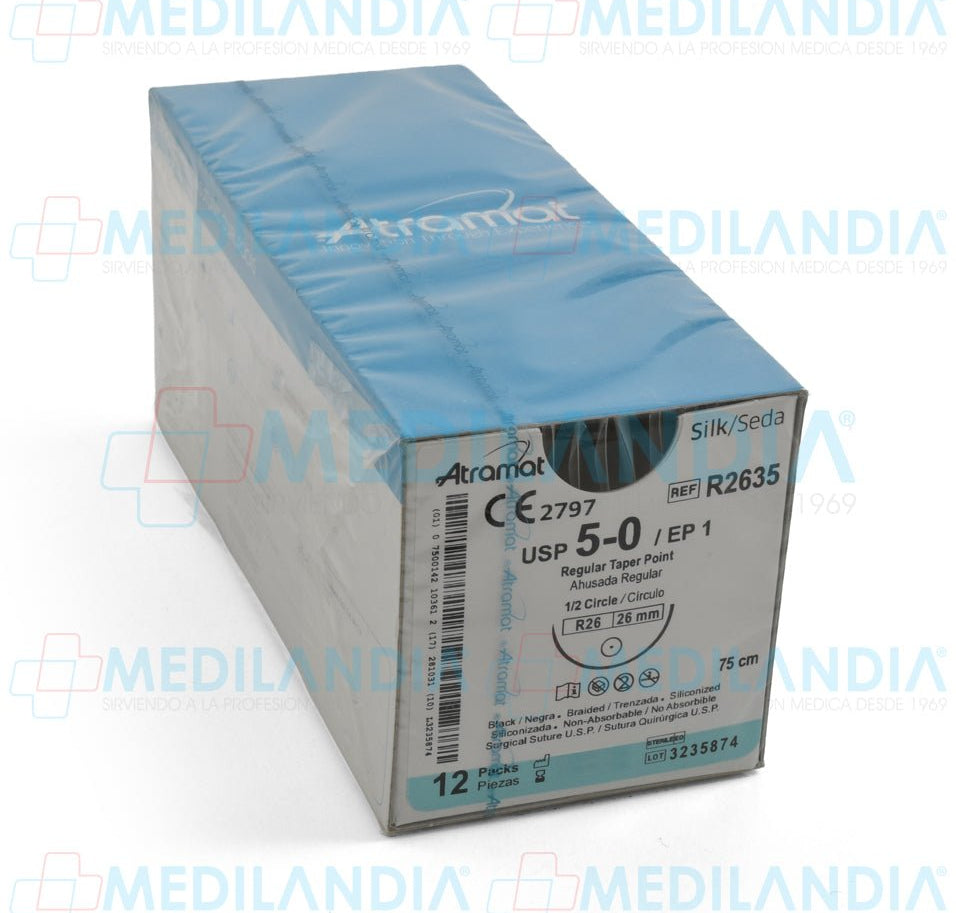 Sutura Seda negra trenzada siliconizada 5 - 0 / EP 1 caja con 12 sobres - Sutura - ATRAMAT - MEDILANDIA | Tienda de productos y equipos médicos de calidad en México | Soluciones profesionales para clínicas, hospitales y consultorios.