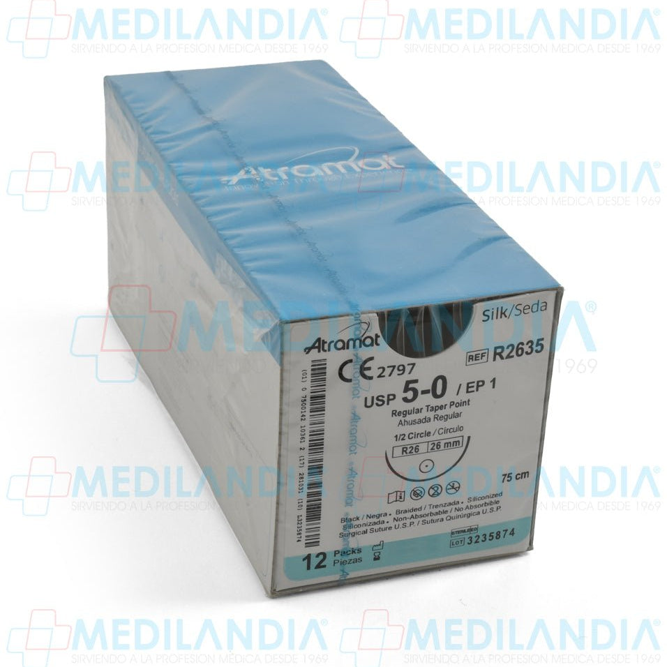 Sutura Seda negra trenzada siliconizada 5 - 0 / EP 1 caja con 12 sobres - Sutura - ATRAMAT - MEDILANDIA | Tienda de productos y equipos médicos de calidad en México | Soluciones profesionales para clínicas, hospitales y consultorios.